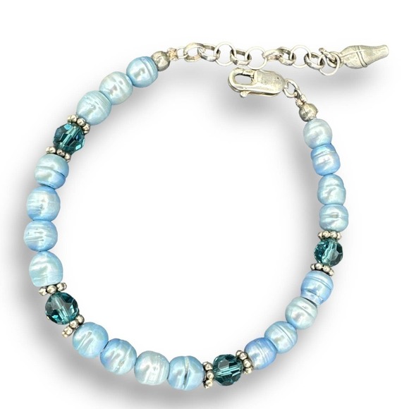 Blue Pearl Beaded Bracelet Sterling Silver Lobster Claw Clasp - Picture 1 of 8